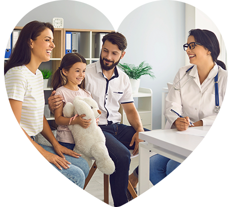 A family with a child at a pediatrics doctor's appointment