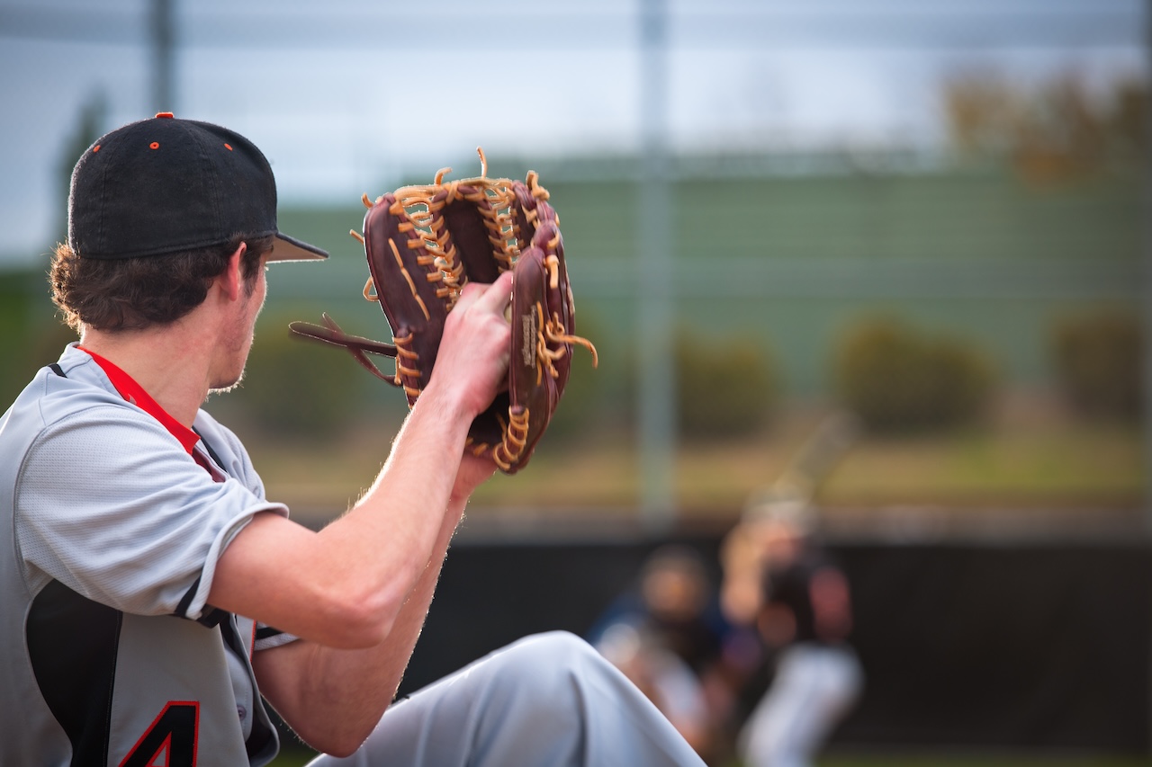 Pitcher in the middle of his motion: hand on ball and leg extended. Crisp focused areas (hair, hat) combine with partly frozen and partly motion blurred components (ball glove, arm) to convey the action. Extremely tight perspective, umpire, catcher, and batter highly defocused in the background. The viewer is transported, literally, into the middle of the game.